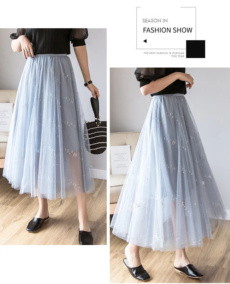 Fairy Look Mesh Skirt Women Summer Hong Kong Mori High Waist All-Matching Bling Flare Skirt