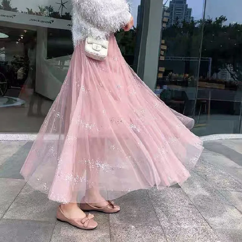 Fairy Look Mesh Skirt Women Summer Hong Kong Mori High Waist All-Matching Bling Flare Skirt