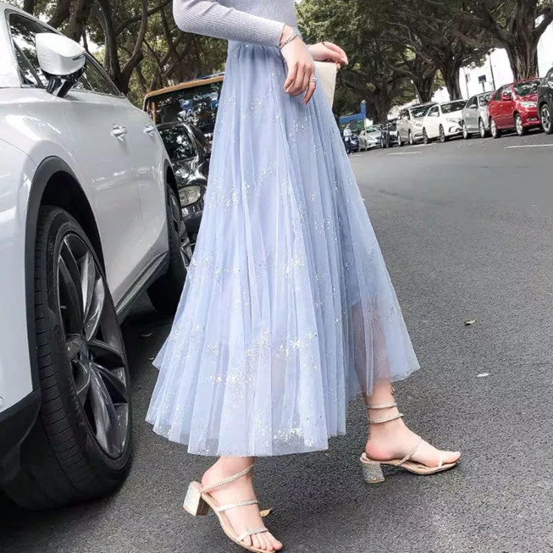 Fairy Look Mesh Skirt Women Summer Hong Kong Mori High Waist All-Matching Bling Flare Skirt