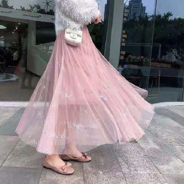 Fairy Look Mesh Skirt Women Summer Hong Kong Mori High Waist All-Matching Bling Flare Skirt