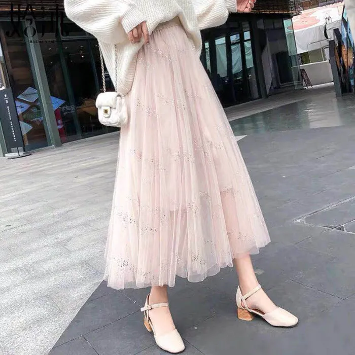 Fairy Look Mesh Skirt Women Summer Hong Kong Mori High Waist All-Matching Bling Flare Skirt