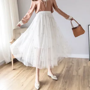 Fairy Look Mesh Skirt Women Summer Hong Kong Mori High Waist All-Matching Bling Flare Skirt