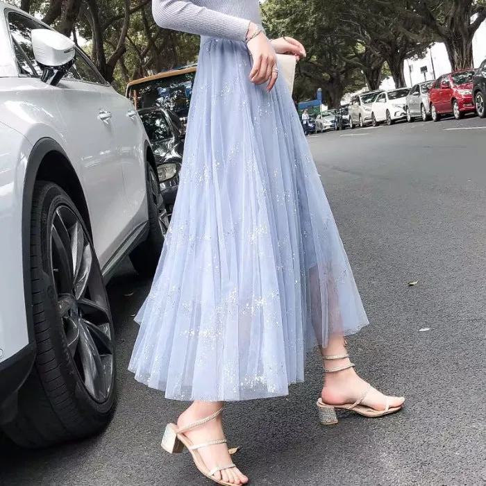 Fairy Look Mesh Skirt Women Summer Hong Kong Mori High Waist All-Matching Bling Flare Skirt