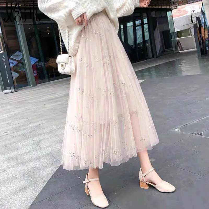 Fairy Look Mesh Skirt Women Summer Hong Kong Mori High Waist All-Matching Bling Flare Skirt