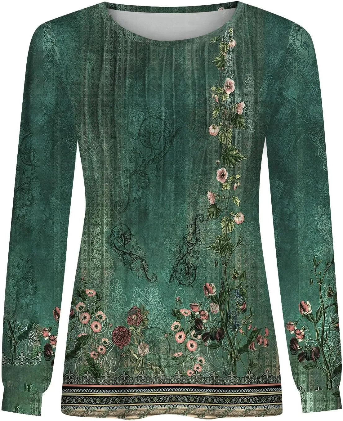 Fall Tops for Women Long Sleeve Round Neck Shirts Trendy Ruched Blouses Dressy Casual Floral Print Top Casual Clothing