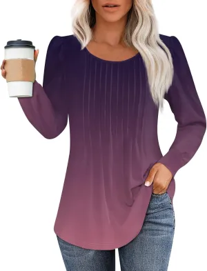 Fall Tops for Women Long Sleeve Round Neck Shirts Trendy Ruched Blouses Dressy Casual Floral Print Top Casual Clothing