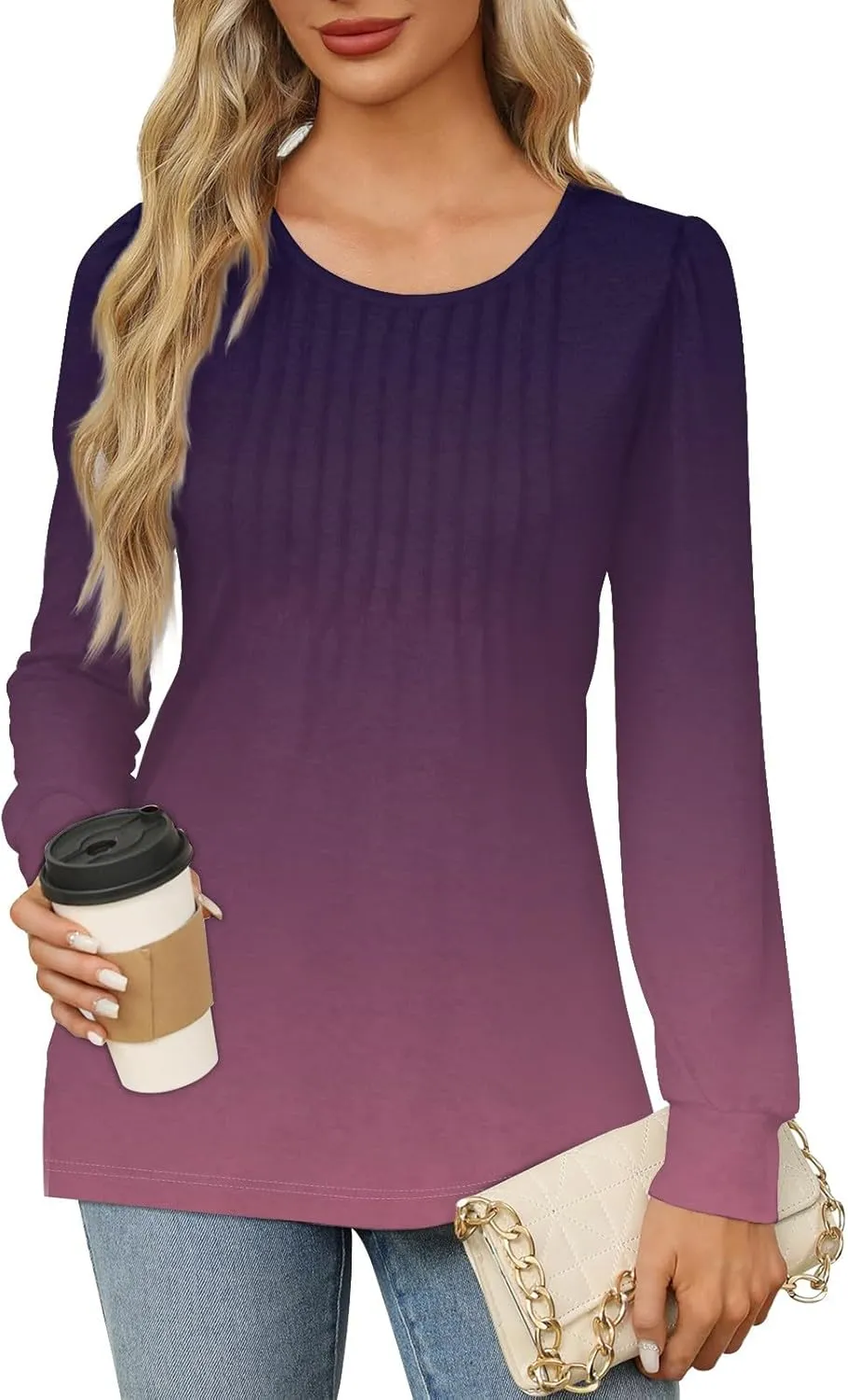 Fall Tops for Women Long Sleeve Round Neck Shirts Trendy Ruched Blouses Dressy Casual Floral Print Top Casual Clothing