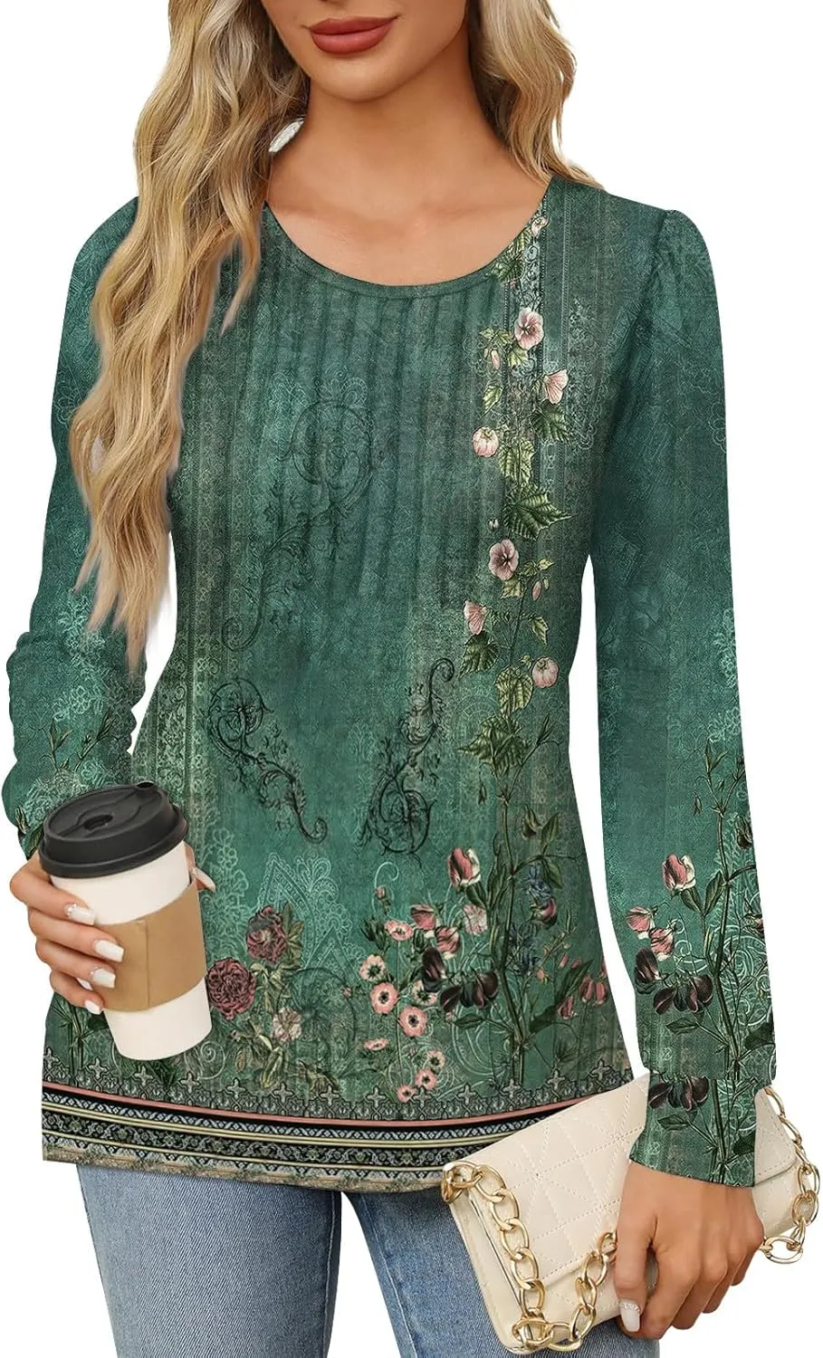 Fall Tops for Women Long Sleeve Round Neck Shirts Trendy Ruched Blouses Dressy Casual Floral Print Top Casual Clothing