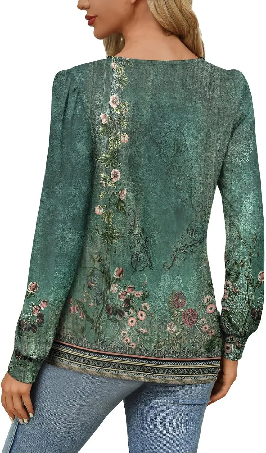 Fall Tops for Women Long Sleeve Round Neck Shirts Trendy Ruched Blouses Dressy Casual Floral Print Top Casual Clothing