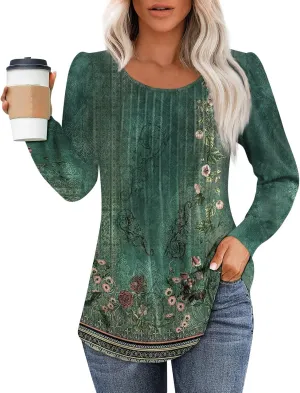 Fall Tops for Women Long Sleeve Round Neck Shirts Trendy Ruched Blouses Dressy Casual Floral Print Top Casual Clothing