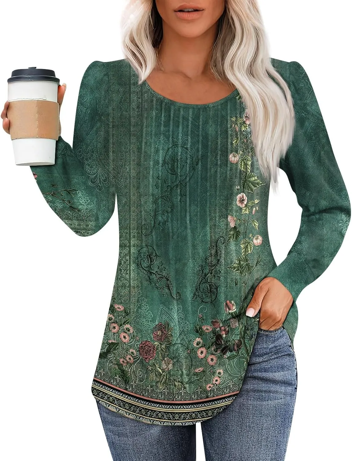 Fall Tops for Women Long Sleeve Round Neck Shirts Trendy Ruched Blouses Dressy Casual Floral Print Top Casual Clothing