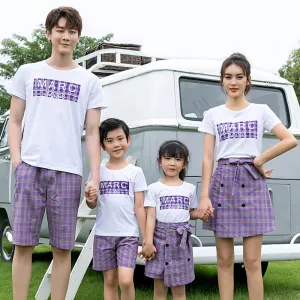 Family-Matching Summer Cotton Short Sleeve T-Shirt Sets Women A-Line Skirt