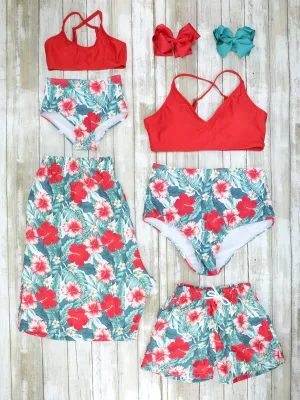 Family Red, Pink, & Blue Tropical Floral Swimsuit