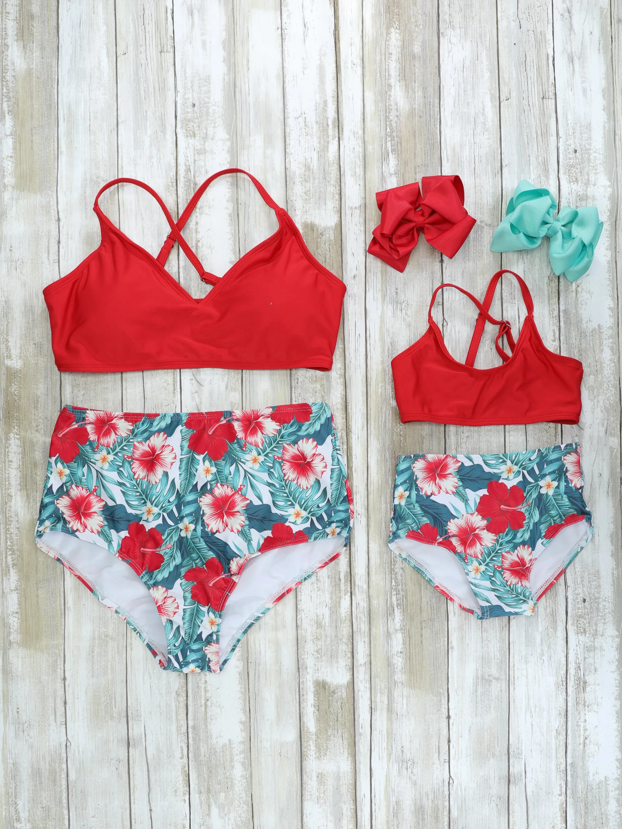 Family Red, Pink, & Blue Tropical Floral Swimsuit