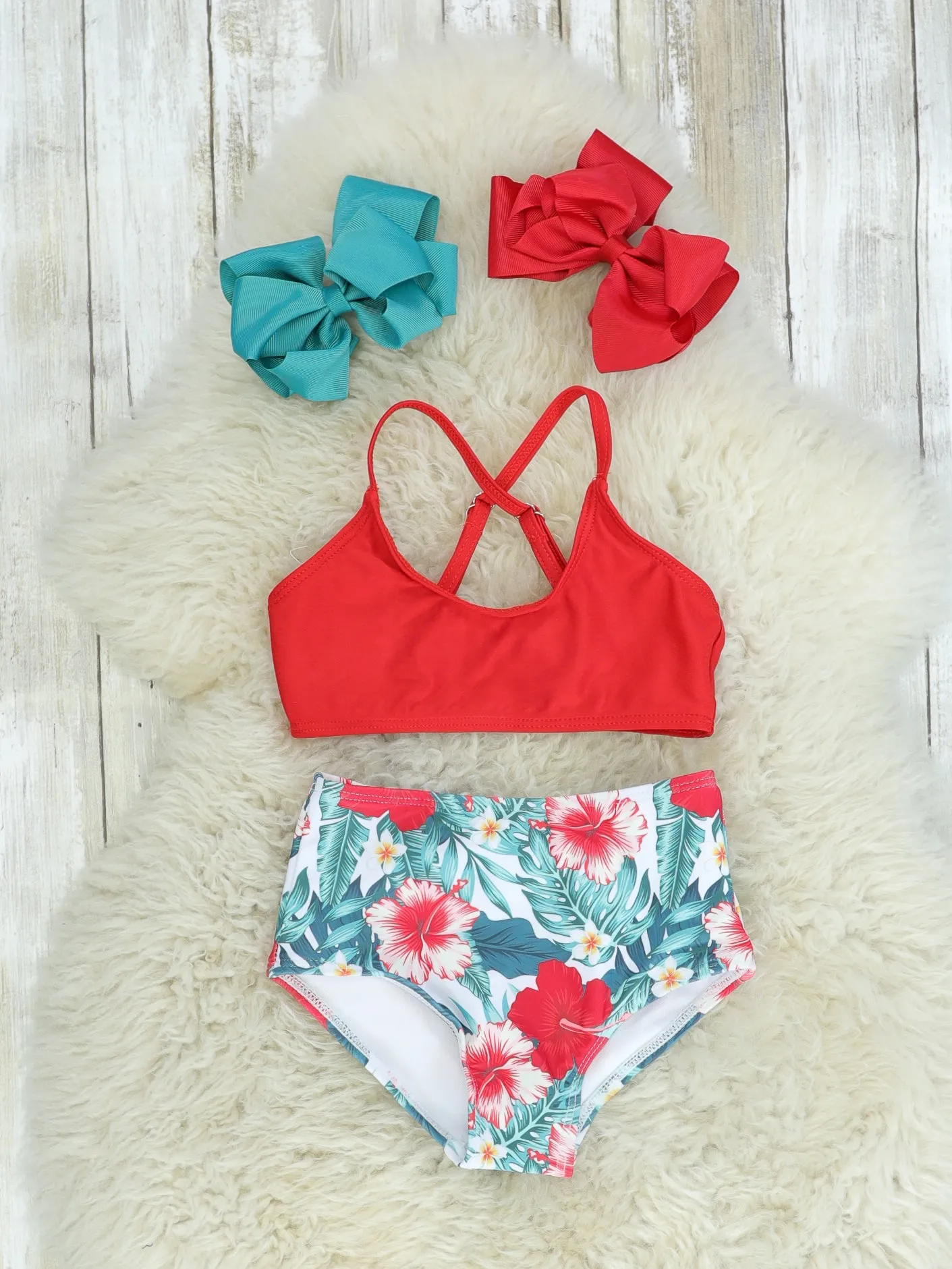 Family Red, Pink, & Blue Tropical Floral Swimsuit