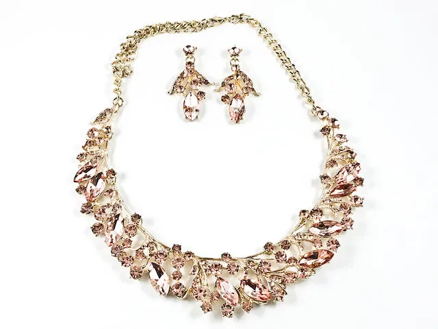 Fancy Elegant Pink Crystal Wide Floral Pattern Necklace Earring Fashion Set