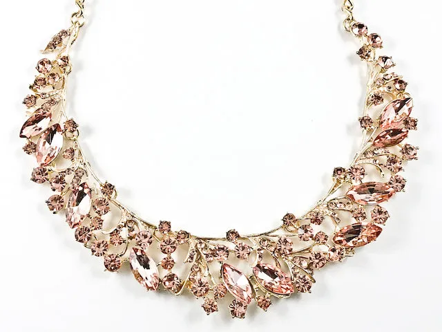 Fancy Elegant Pink Crystal Wide Floral Pattern Necklace Earring Fashion Set