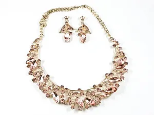 Fancy Elegant Pink Crystal Wide Floral Pattern Necklace Earring Fashion Set