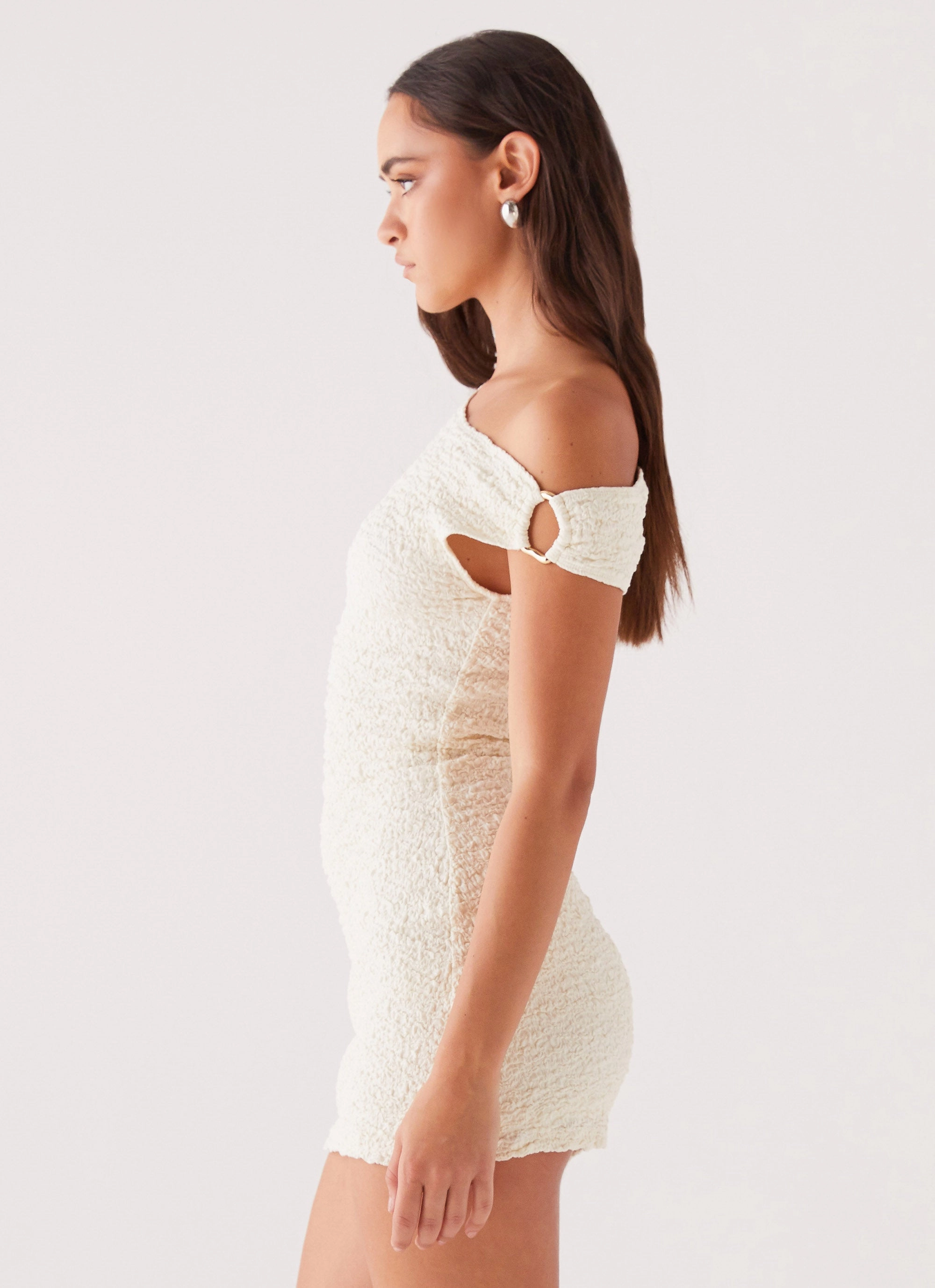 Flowing Layers Smart Fabric Farah Off Shoulder Mini Dress - White