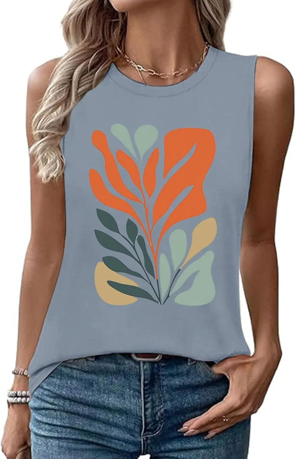 Fashion Casual Print Sleeveless Shirts for Women, Summer Loose Crewneck Trendy Tank Tops Soft Comfy Going Out Clothes