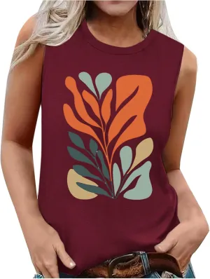 Fashion Casual Print Sleeveless Shirts for Women, Summer Loose Crewneck Trendy Tank Tops Soft Comfy Going Out Clothes