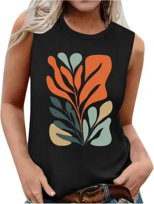 Fashion Casual Print Sleeveless Shirts for Women, Summer Loose Crewneck Trendy Tank Tops Soft Comfy Going Out Clothes