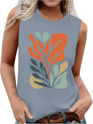 Fashion Casual Print Sleeveless Shirts for Women, Summer Loose Crewneck Trendy Tank Tops Soft Comfy Going Out Clothes