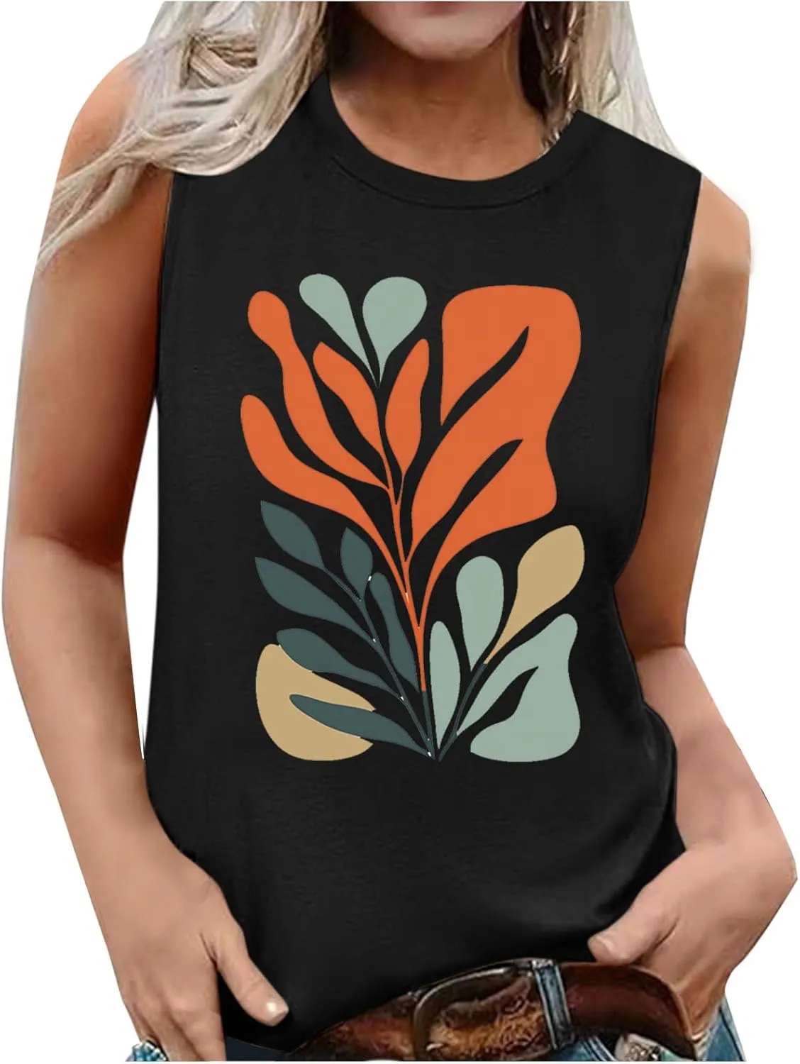 Fashion Casual Print Sleeveless Shirts for Women, Summer Loose Crewneck Trendy Tank Tops Soft Comfy Going Out Clothes