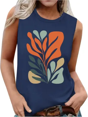 Fashion Casual Print Sleeveless Shirts for Women, Summer Loose Crewneck Trendy Tank Tops Soft Comfy Going Out Clothes