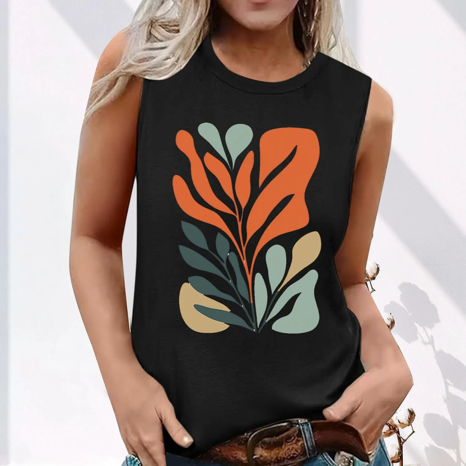 Fashion Casual Print Sleeveless Shirts for Women, Summer Loose Crewneck Trendy Tank Tops Soft Comfy Going Out Clothes