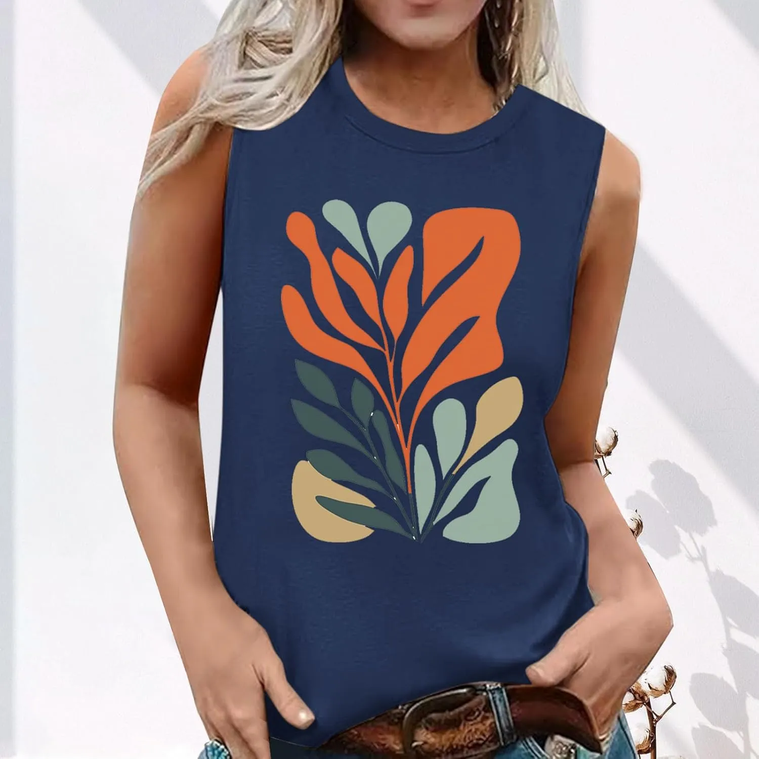 Fashion Casual Print Sleeveless Shirts for Women, Summer Loose Crewneck Trendy Tank Tops Soft Comfy Going Out Clothes
