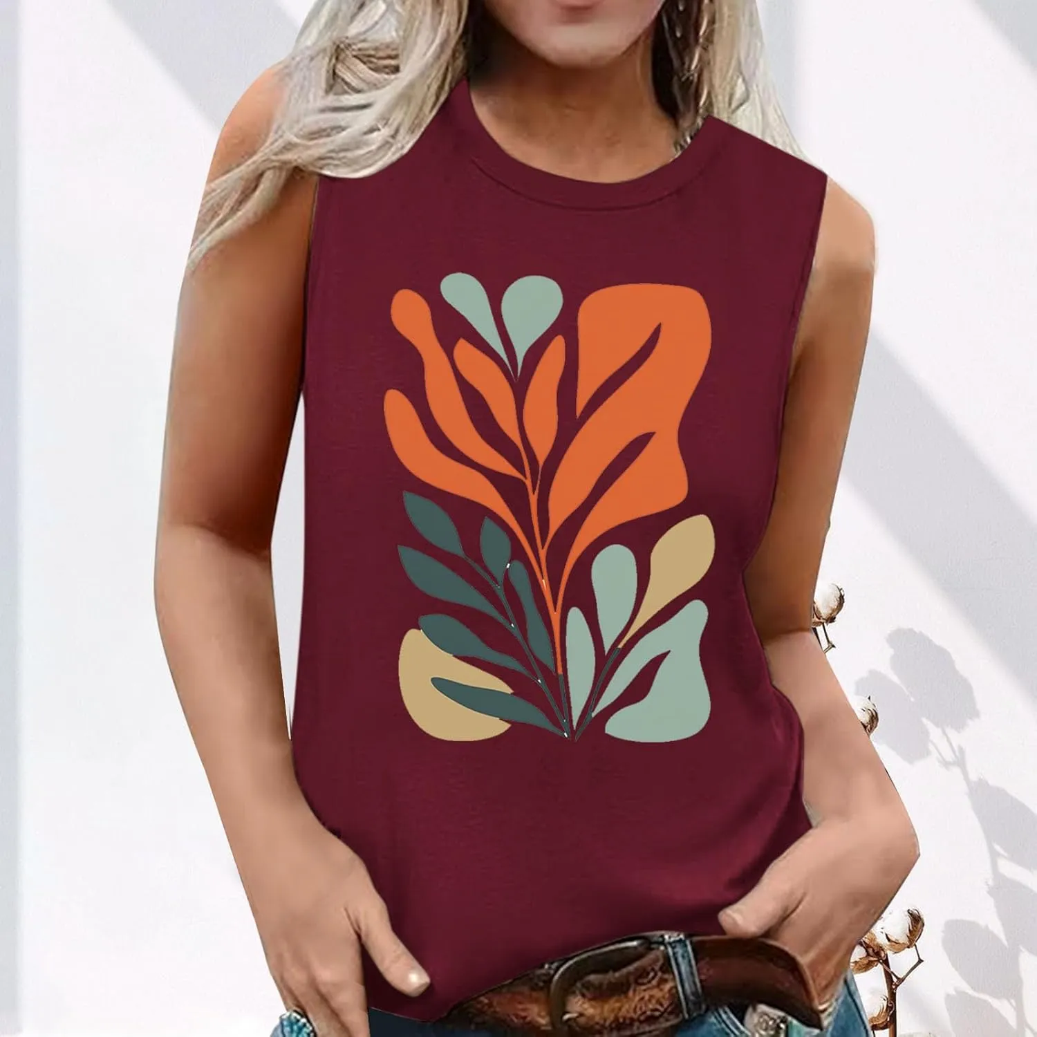 Fashion Casual Print Sleeveless Shirts for Women, Summer Loose Crewneck Trendy Tank Tops Soft Comfy Going Out Clothes