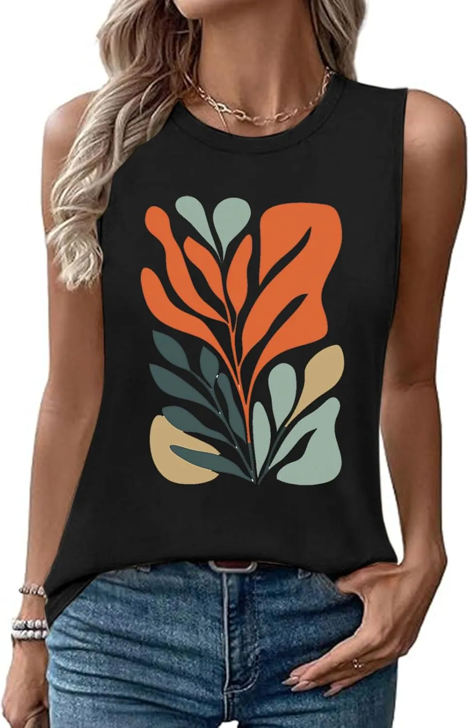 Fashion Casual Print Sleeveless Shirts for Women, Summer Loose Crewneck Trendy Tank Tops Soft Comfy Going Out Clothes