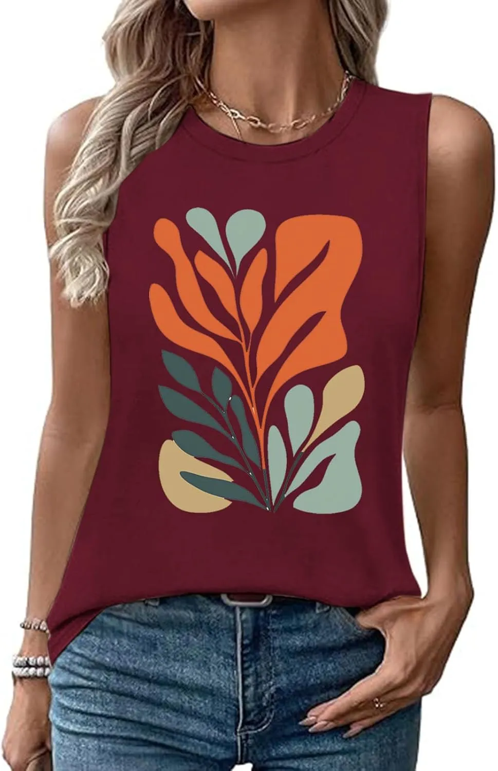 Fashion Casual Print Sleeveless Shirts for Women, Summer Loose Crewneck Trendy Tank Tops Soft Comfy Going Out Clothes
