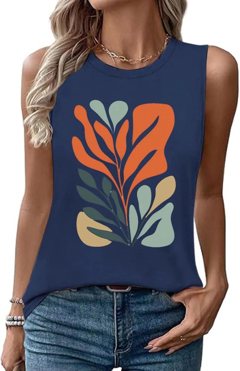 Fashion Casual Print Sleeveless Shirts for Women, Summer Loose Crewneck Trendy Tank Tops Soft Comfy Going Out Clothes