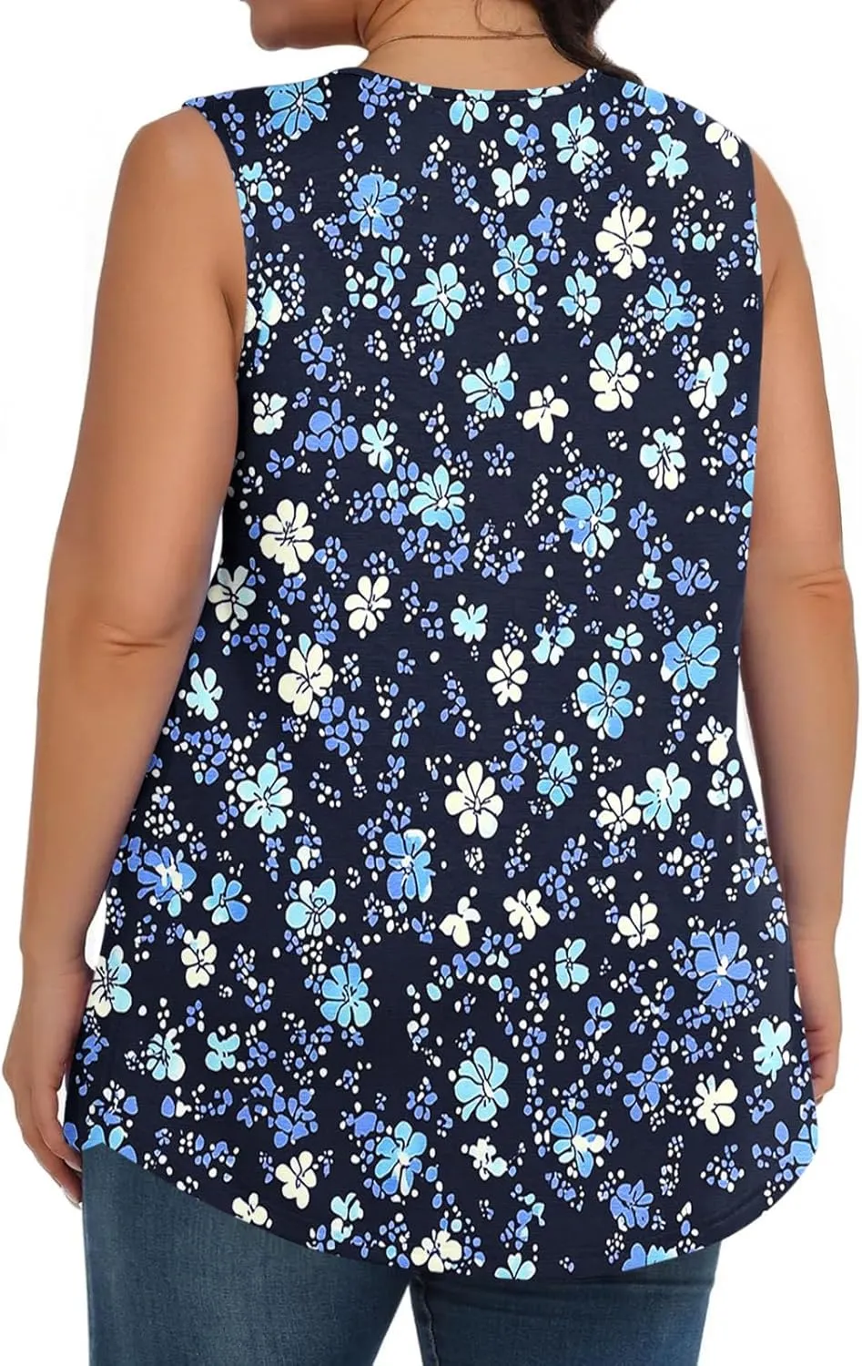 Fashion Floral Print Summer Plus Size Tank for Women, Oversized Loose Crewneck Sleeveless Shirts Pleated Comfy Clothes