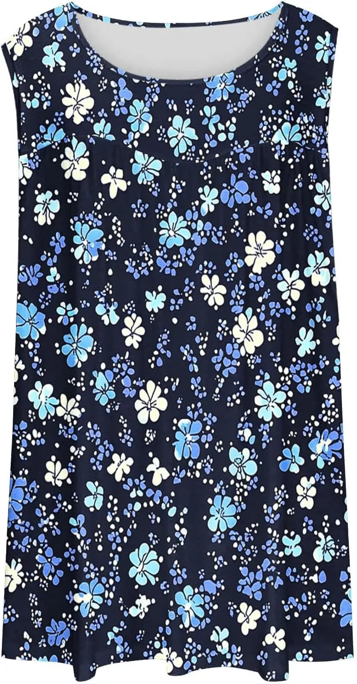 Fashion Floral Print Summer Plus Size Tank for Women, Oversized Loose Crewneck Sleeveless Shirts Pleated Comfy Clothes