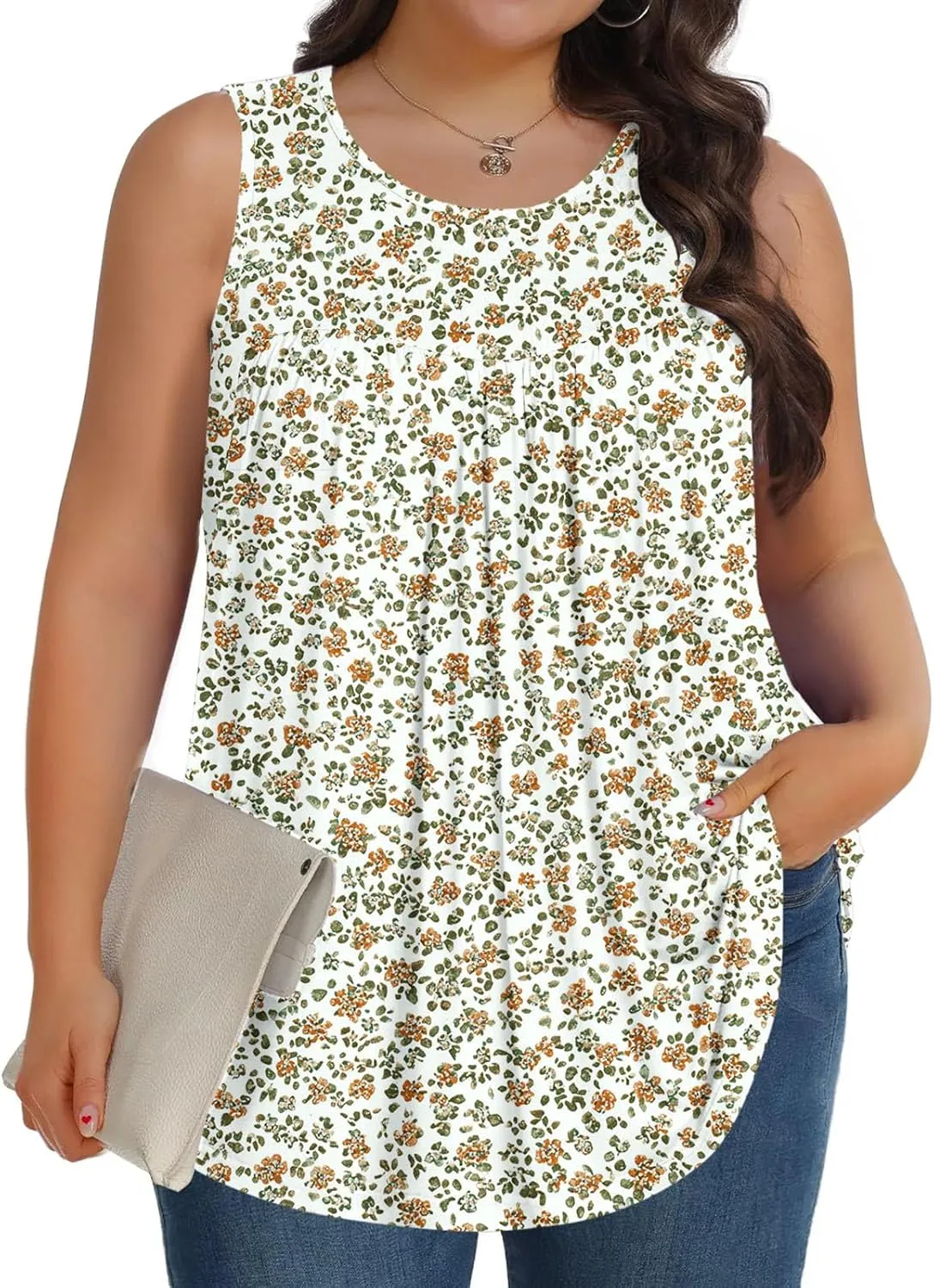 Fashion Floral Print Summer Plus Size Tank for Women, Oversized Loose Crewneck Sleeveless Shirts Pleated Comfy Clothes