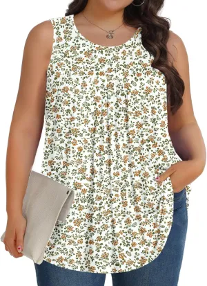 Fashion Floral Print Summer Plus Size Tank for Women, Oversized Loose Crewneck Sleeveless Shirts Pleated Comfy Clothes