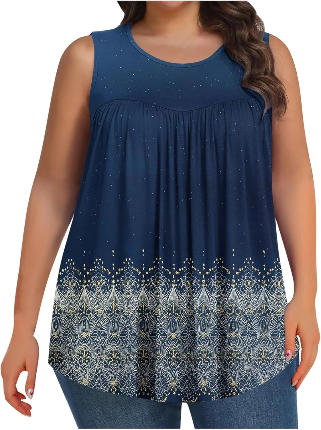 Fashion Floral Print Summer Plus Size Tank for Women, Oversized Loose Crewneck Sleeveless Shirts Pleated Comfy Clothes