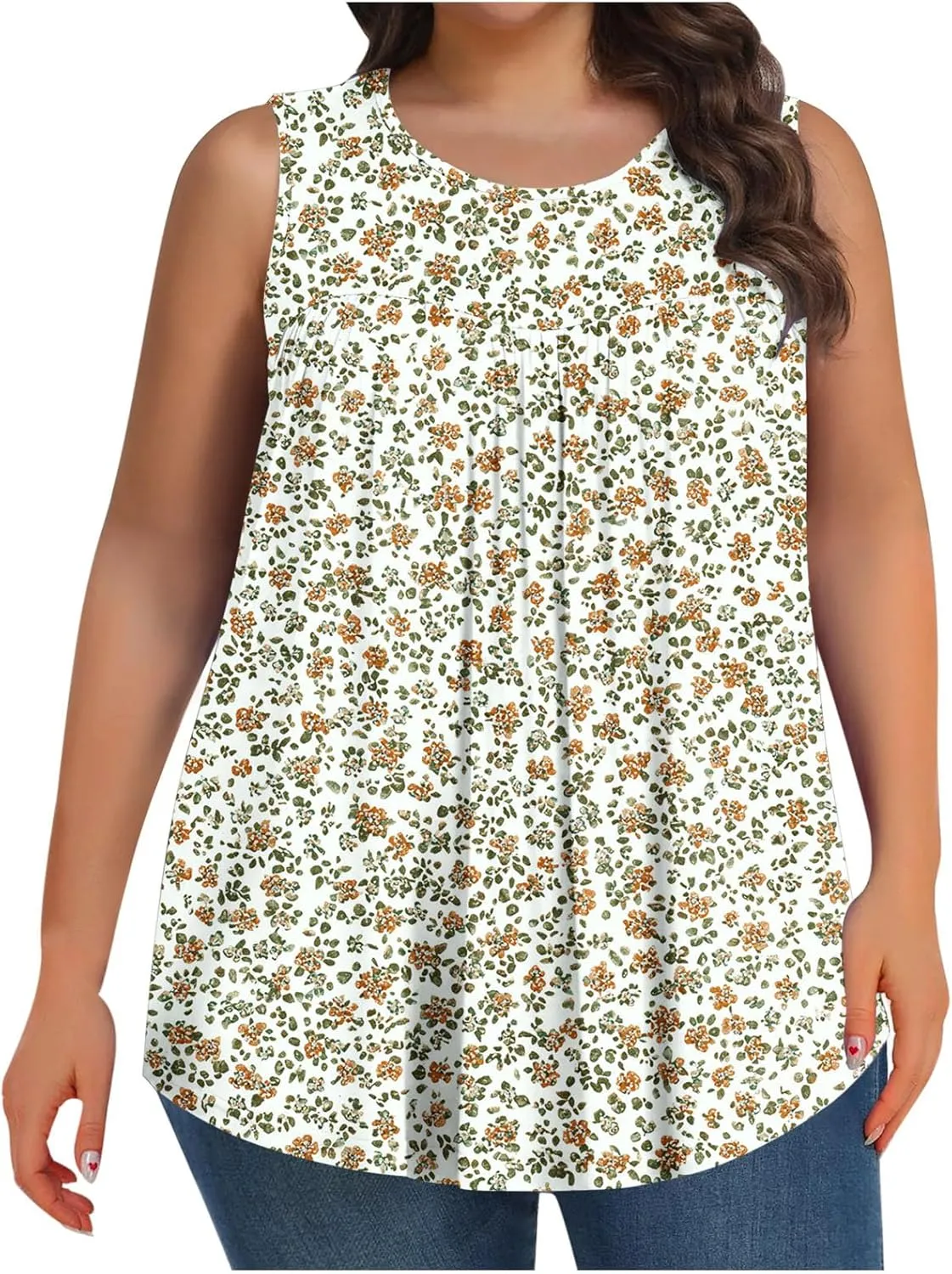 Fashion Floral Print Summer Plus Size Tank for Women, Oversized Loose Crewneck Sleeveless Shirts Pleated Comfy Clothes