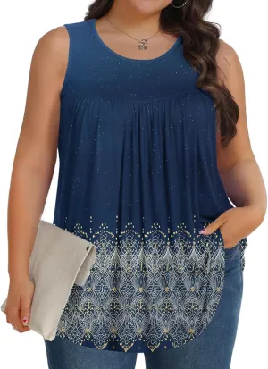 Fashion Floral Print Summer Plus Size Tank for Women, Oversized Loose Crewneck Sleeveless Shirts Pleated Comfy Clothes