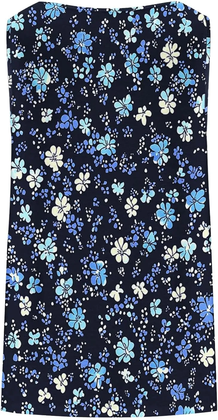 Fashion Floral Print Summer Plus Size Tank for Women, Oversized Loose Crewneck Sleeveless Shirts Pleated Comfy Clothes