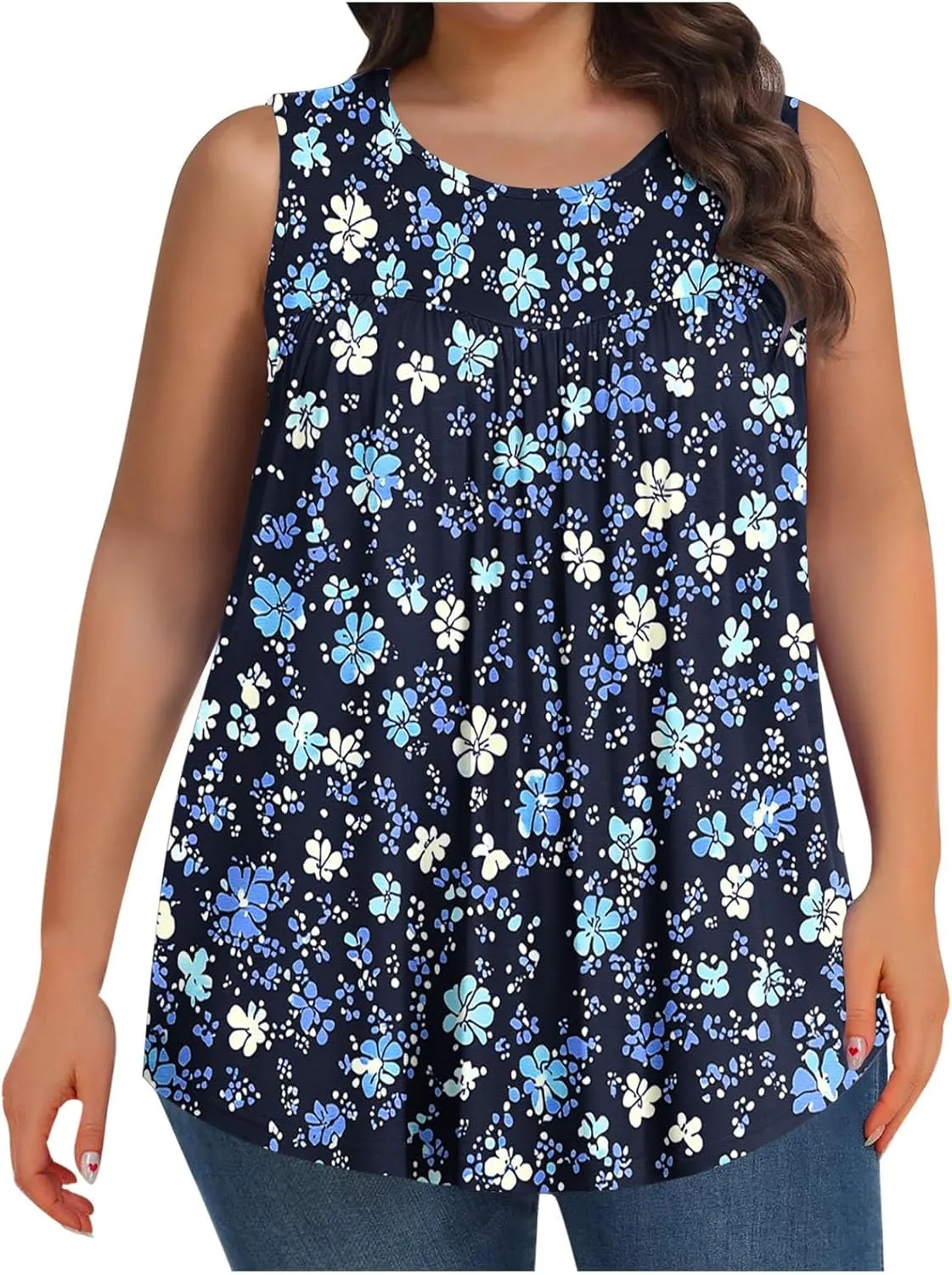 Fashion Floral Print Summer Plus Size Tank for Women, Oversized Loose Crewneck Sleeveless Shirts Pleated Comfy Clothes
