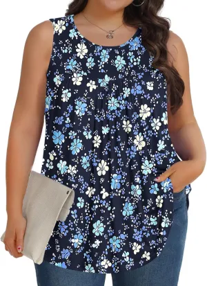 Fashion Floral Print Summer Plus Size Tank for Women, Oversized Loose Crewneck Sleeveless Shirts Pleated Comfy Clothes