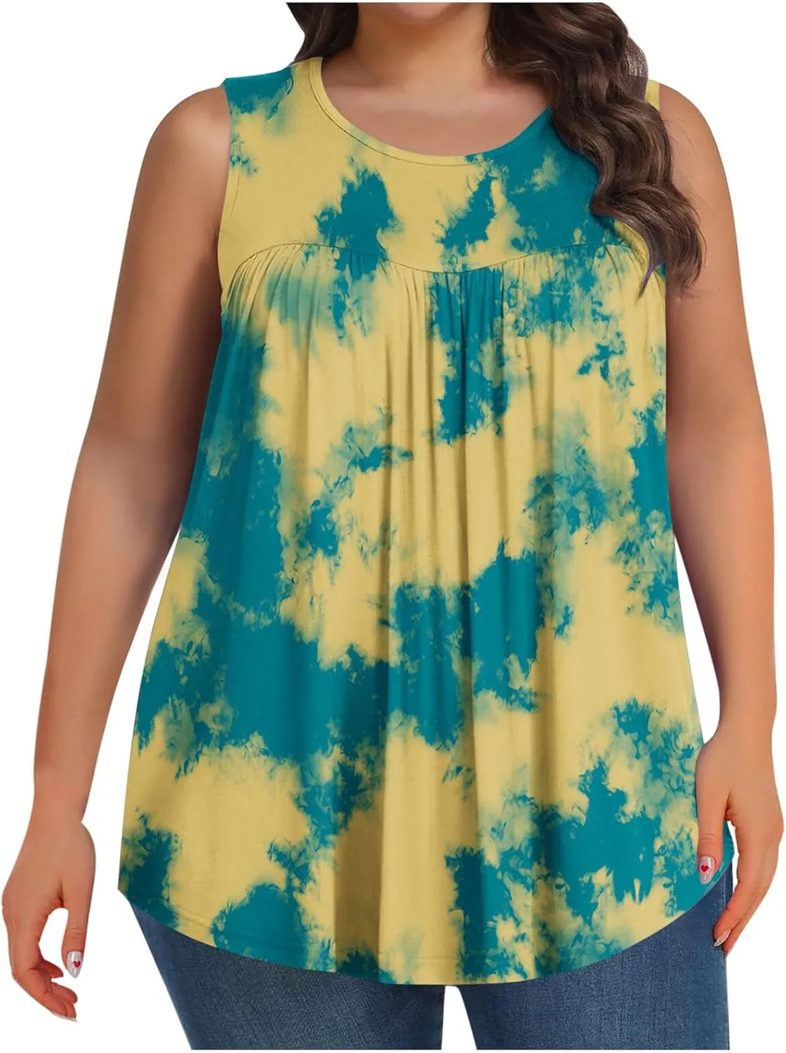 Fashion Tie Dye Print Summer Sleeveless Shirts for Women, Plus Size Loose Casual Tank Top Pleated Crew Neck Comfy Tops