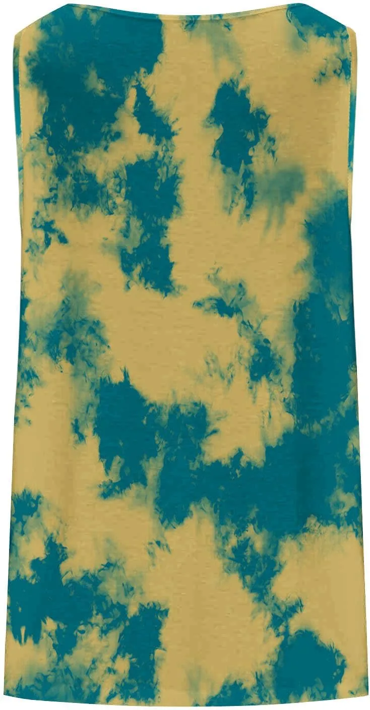 Fashion Tie Dye Print Summer Sleeveless Shirts for Women, Plus Size Loose Casual Tank Top Pleated Crew Neck Comfy Tops