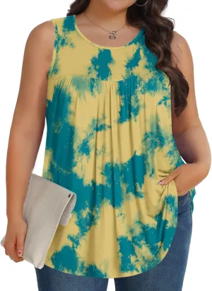 Fashion Tie Dye Print Summer Sleeveless Shirts for Women, Plus Size Loose Casual Tank Top Pleated Crew Neck Comfy Tops