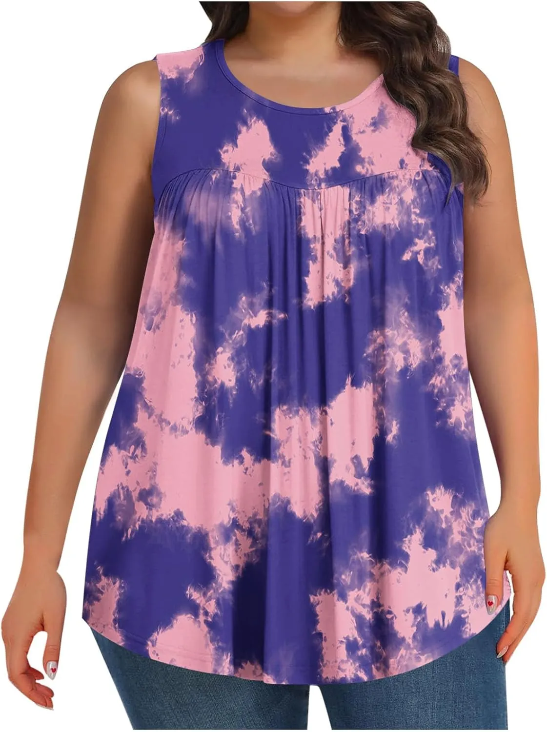 Fashion Tie Dye Print Summer Sleeveless Shirts for Women, Plus Size Loose Casual Tank Top Pleated Crew Neck Comfy Tops