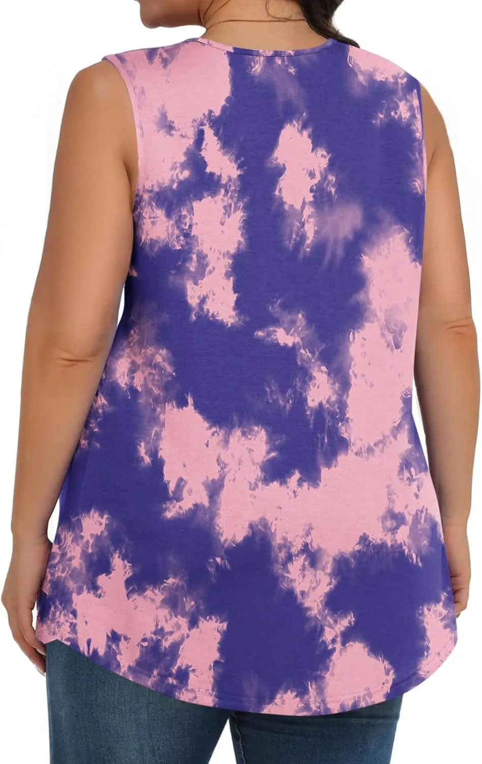 Fashion Tie Dye Print Summer Sleeveless Shirts for Women, Plus Size Loose Casual Tank Top Pleated Crew Neck Comfy Tops